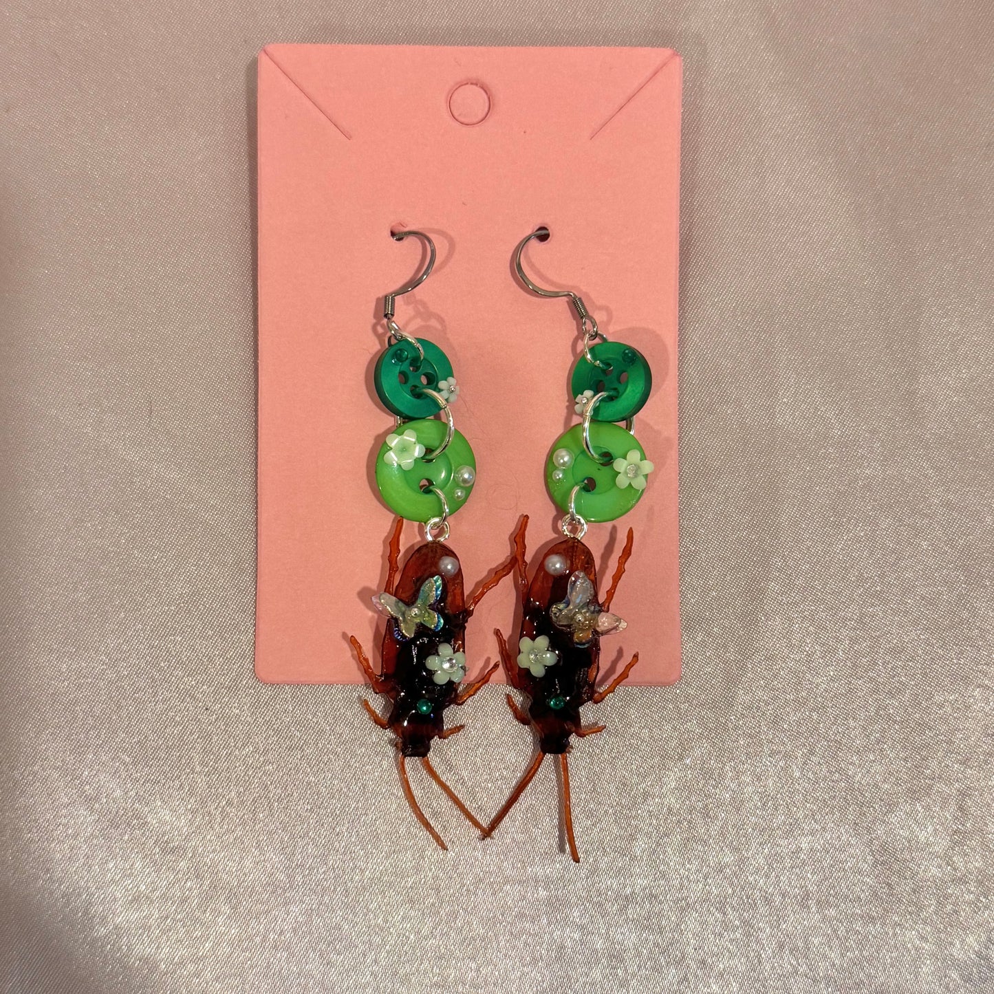 Green Dangling Roach Button Baby Earrings