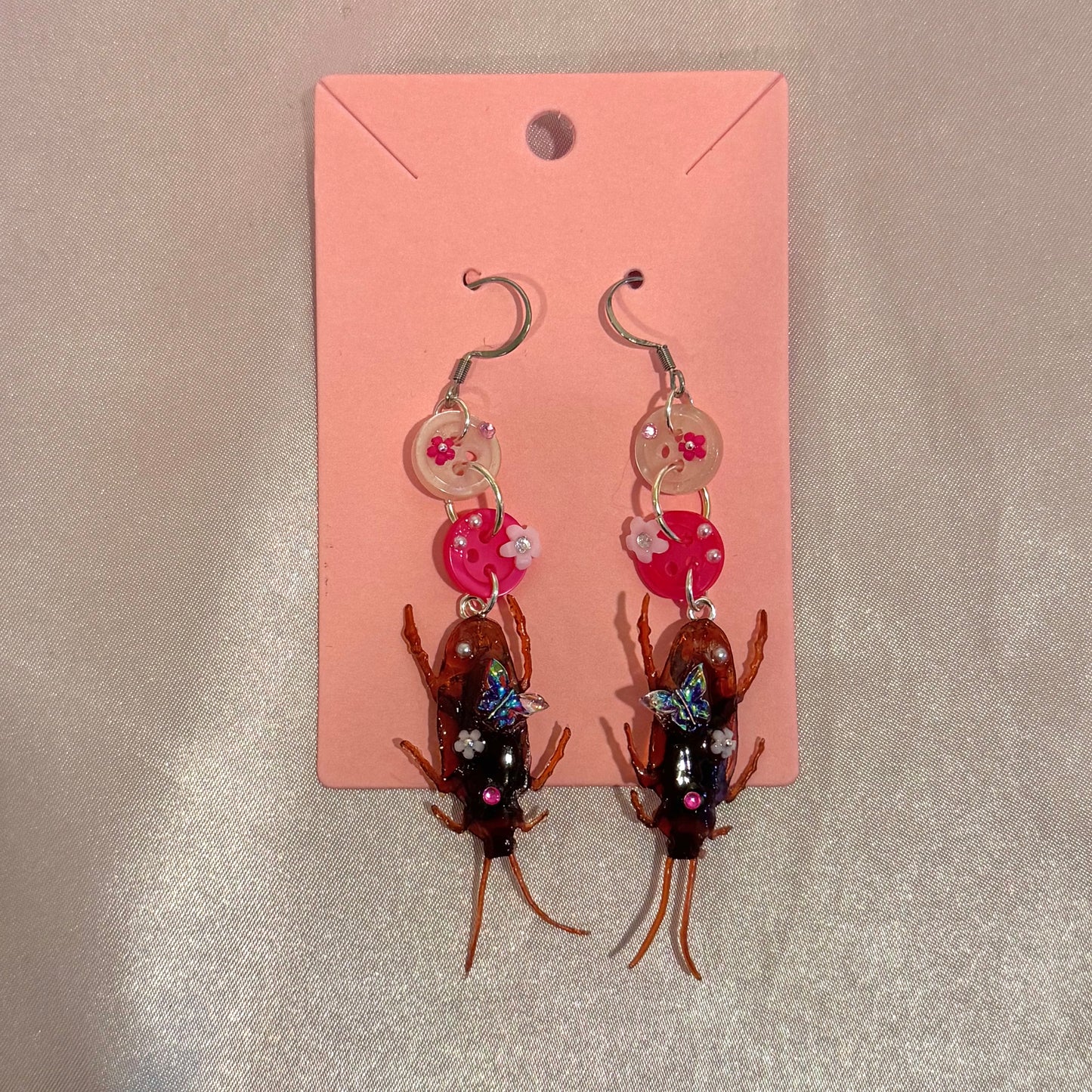 Pink Dangling Roach Button Baby Earrings
