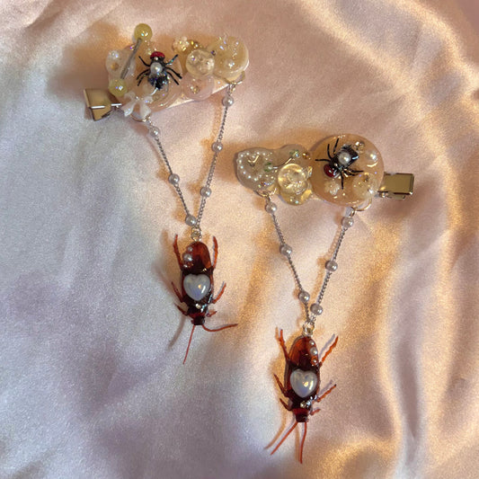 White n’ Grey Dangling Roach Button Baby Hair Clips