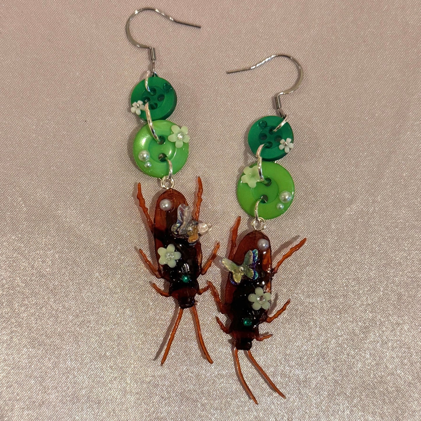 Green Dangling Roach Button Baby Earrings
