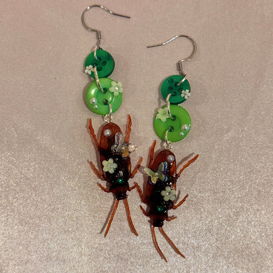 Green Dangling Roach Button Baby Earrings
