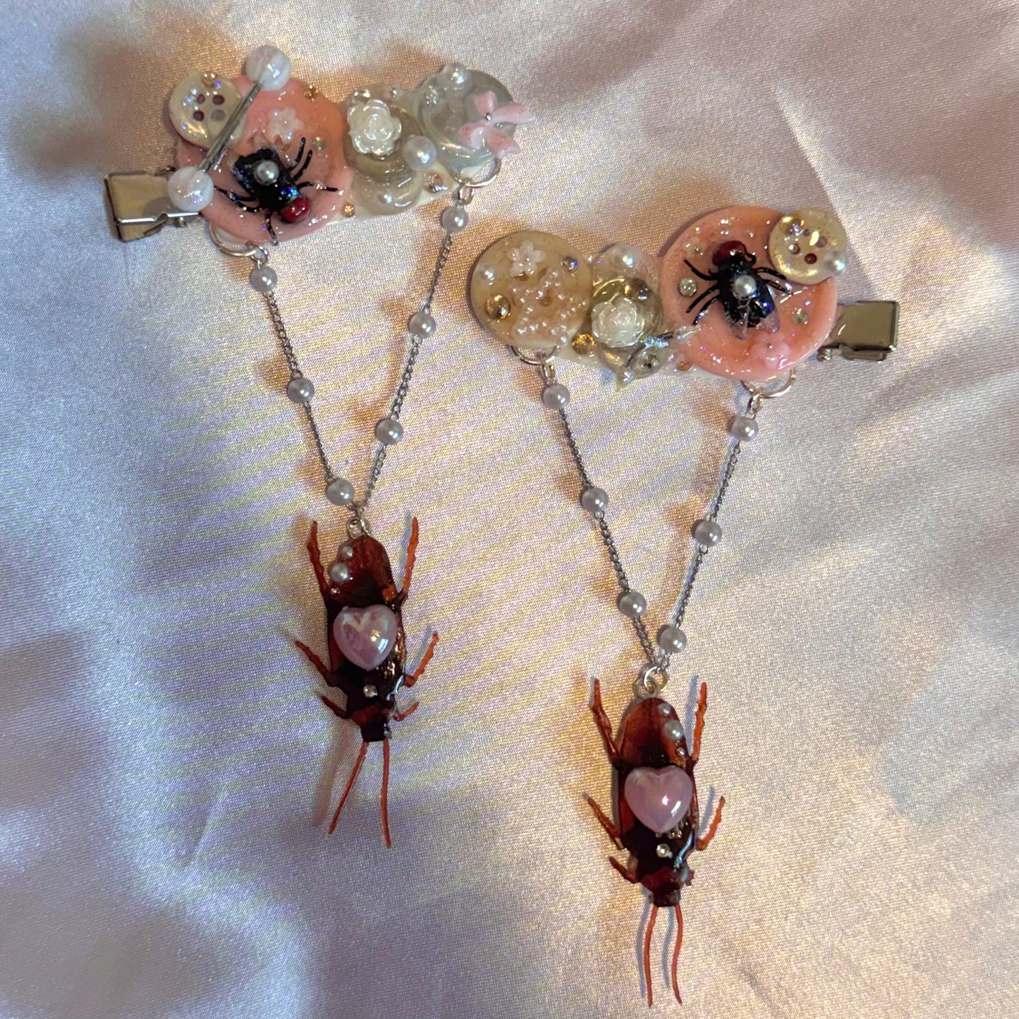 Pink n’ Grey Dangling Roach Button Baby Hair Clips