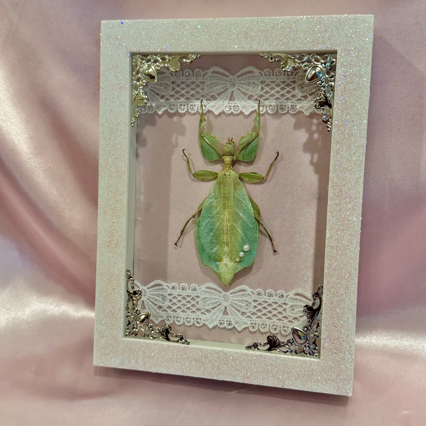 Sparkle Green Leaf Insect on Pink Silk - Sparkle Frame