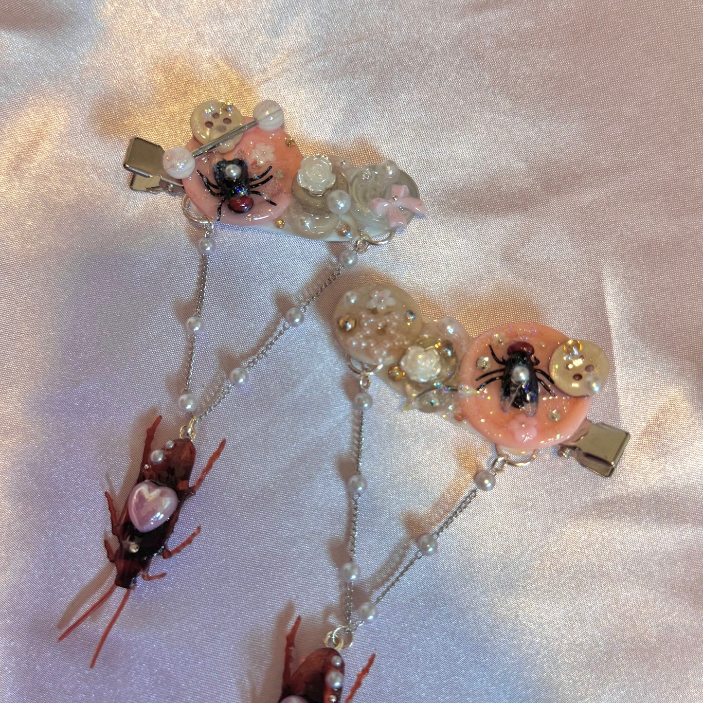 Pink n’ Grey Dangling Roach Button Baby Hair Clips