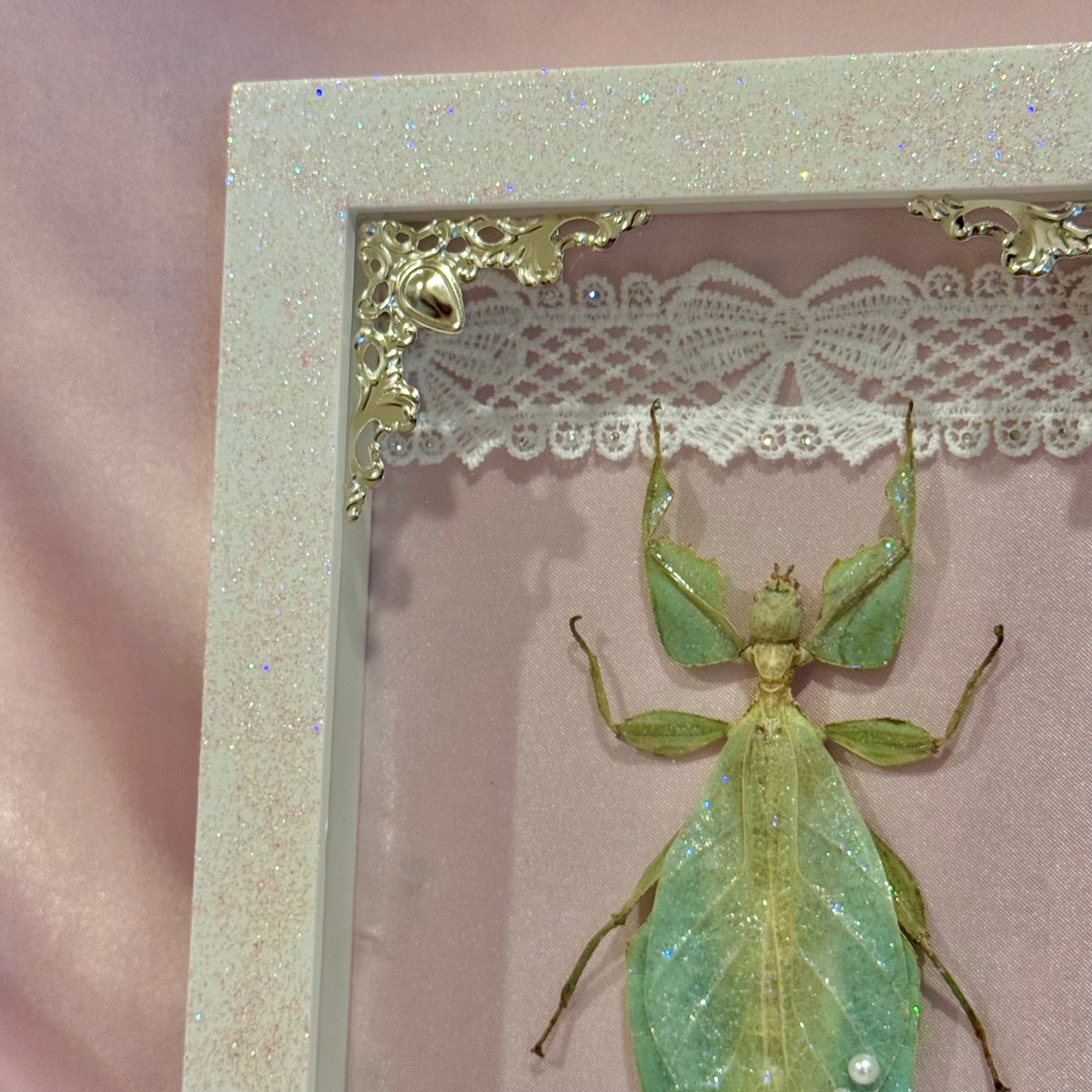 Sparkle Green Leaf Insect on Pink Silk - Sparkle Frame