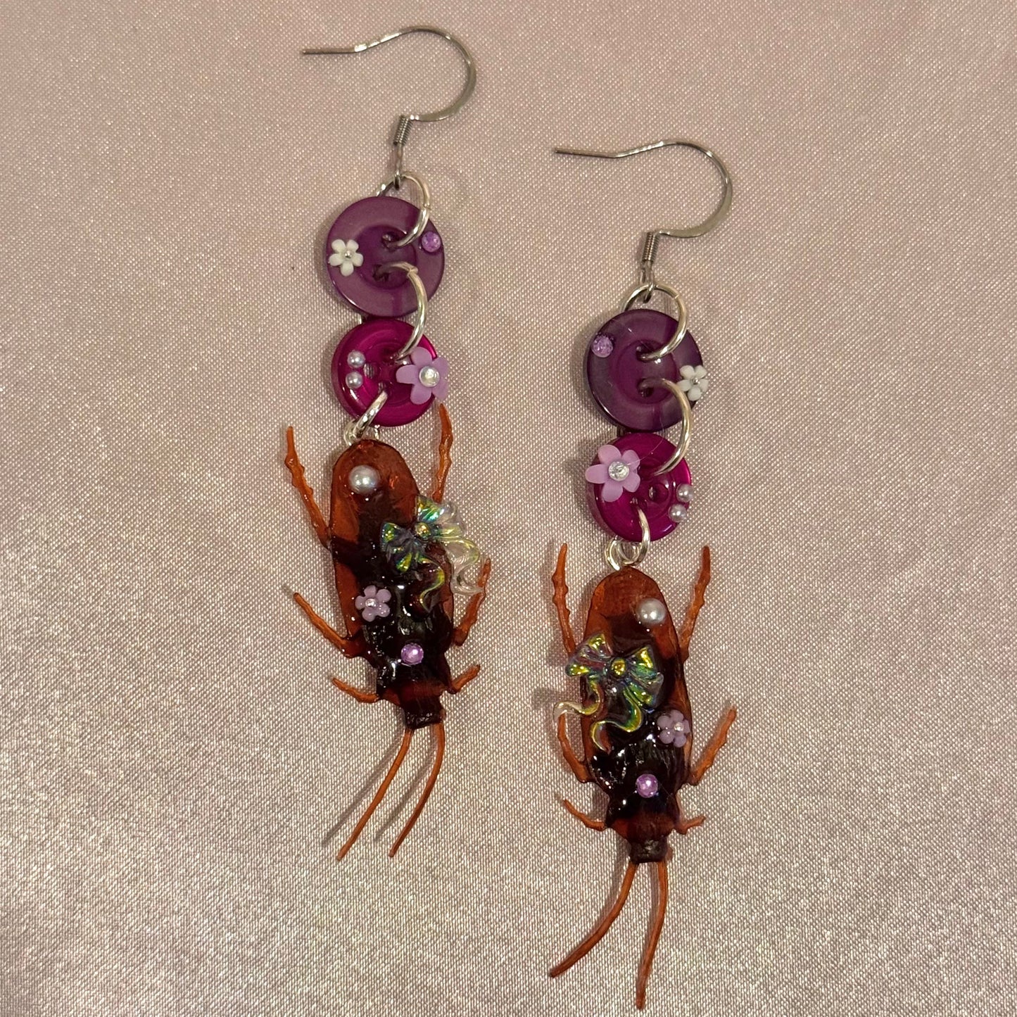 Purple Dangling Roach Button Baby Earrings