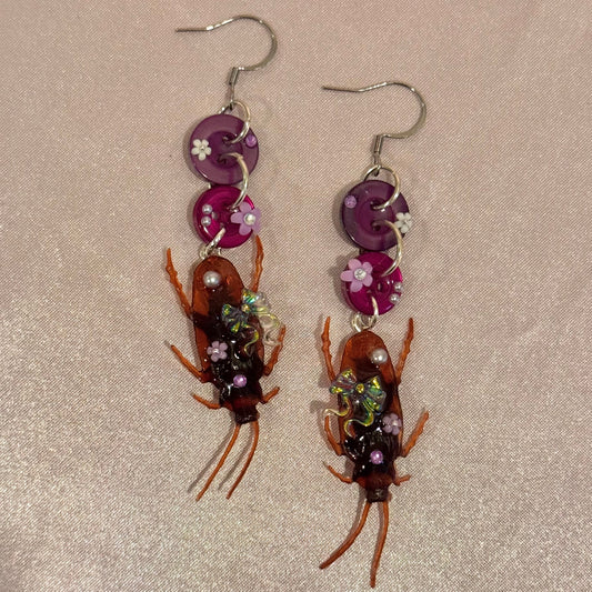 Purple Dangling Roach Button Baby Earrings