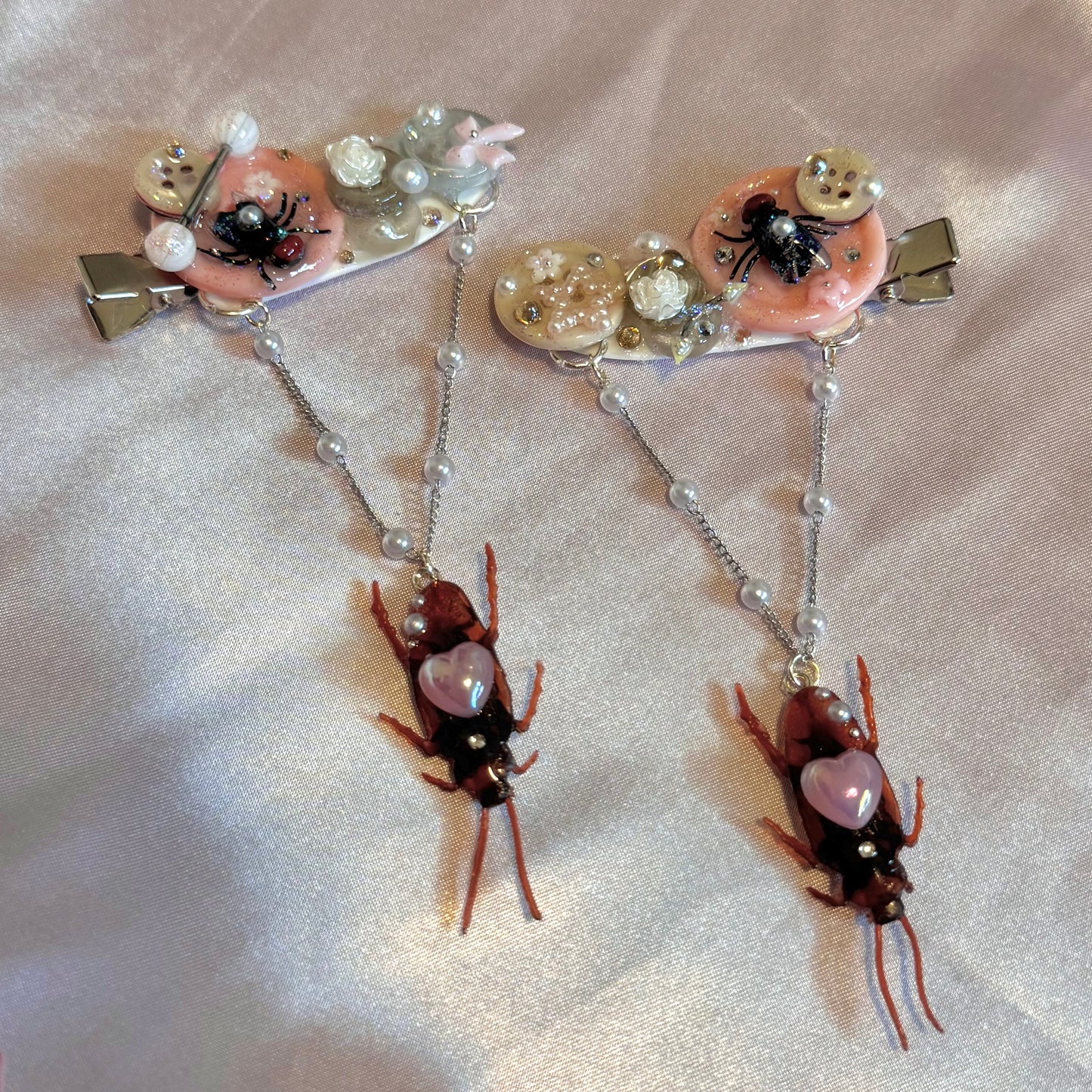 Pink n’ Grey Dangling Roach Button Baby Hair Clips