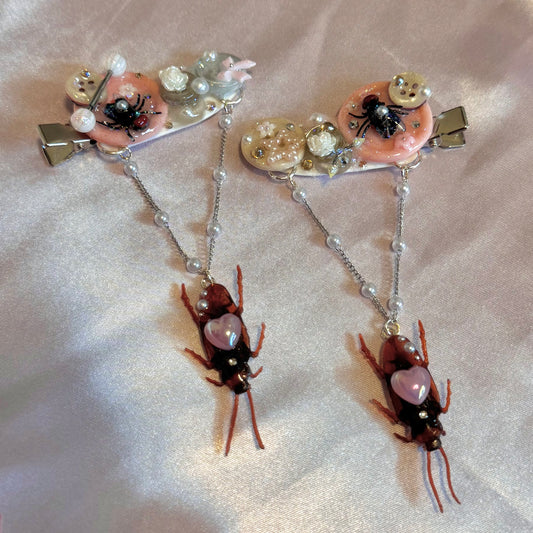 Pink n’ Grey Dangling Roach Button Baby Hair Clips