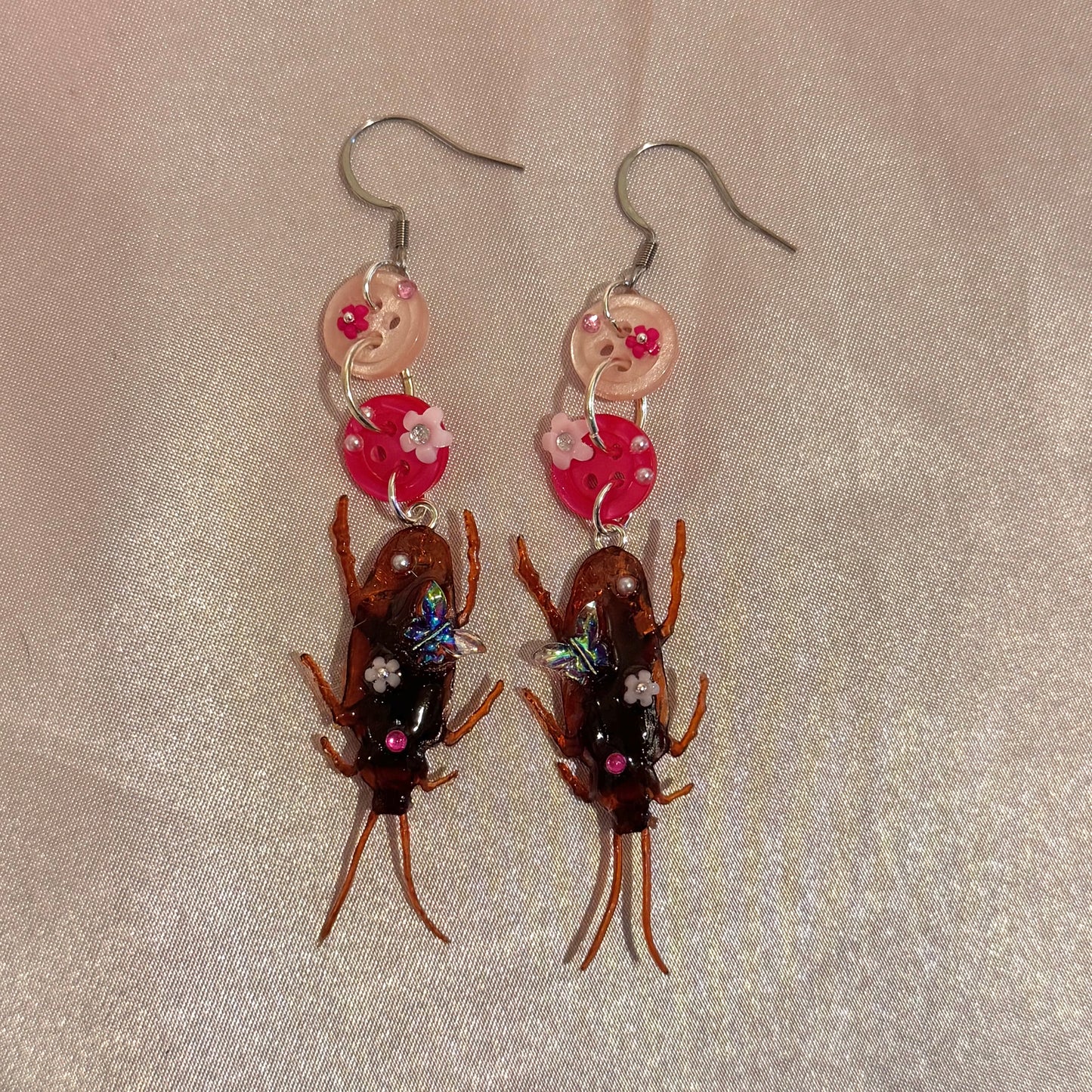 Pink Dangling Roach Button Baby Earrings