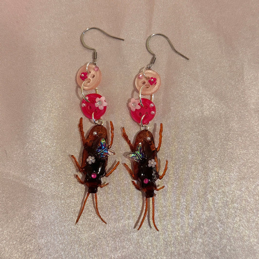 Pink Dangling Roach Button Baby Earrings