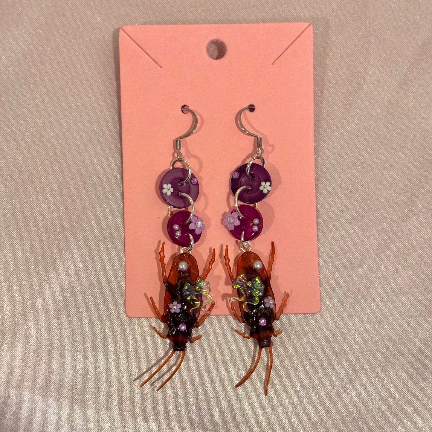 Purple Dangling Roach Button Baby Earrings