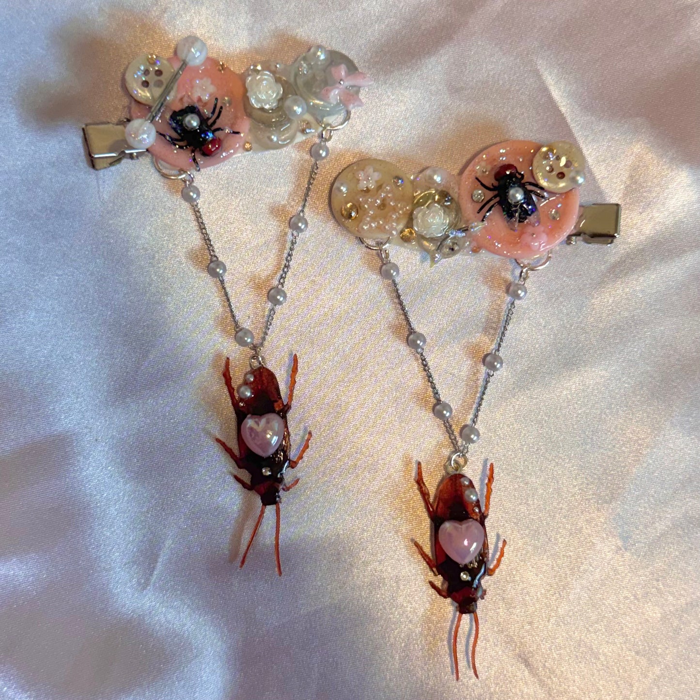 Pink n’ Grey Dangling Roach Button Baby Hair Clips