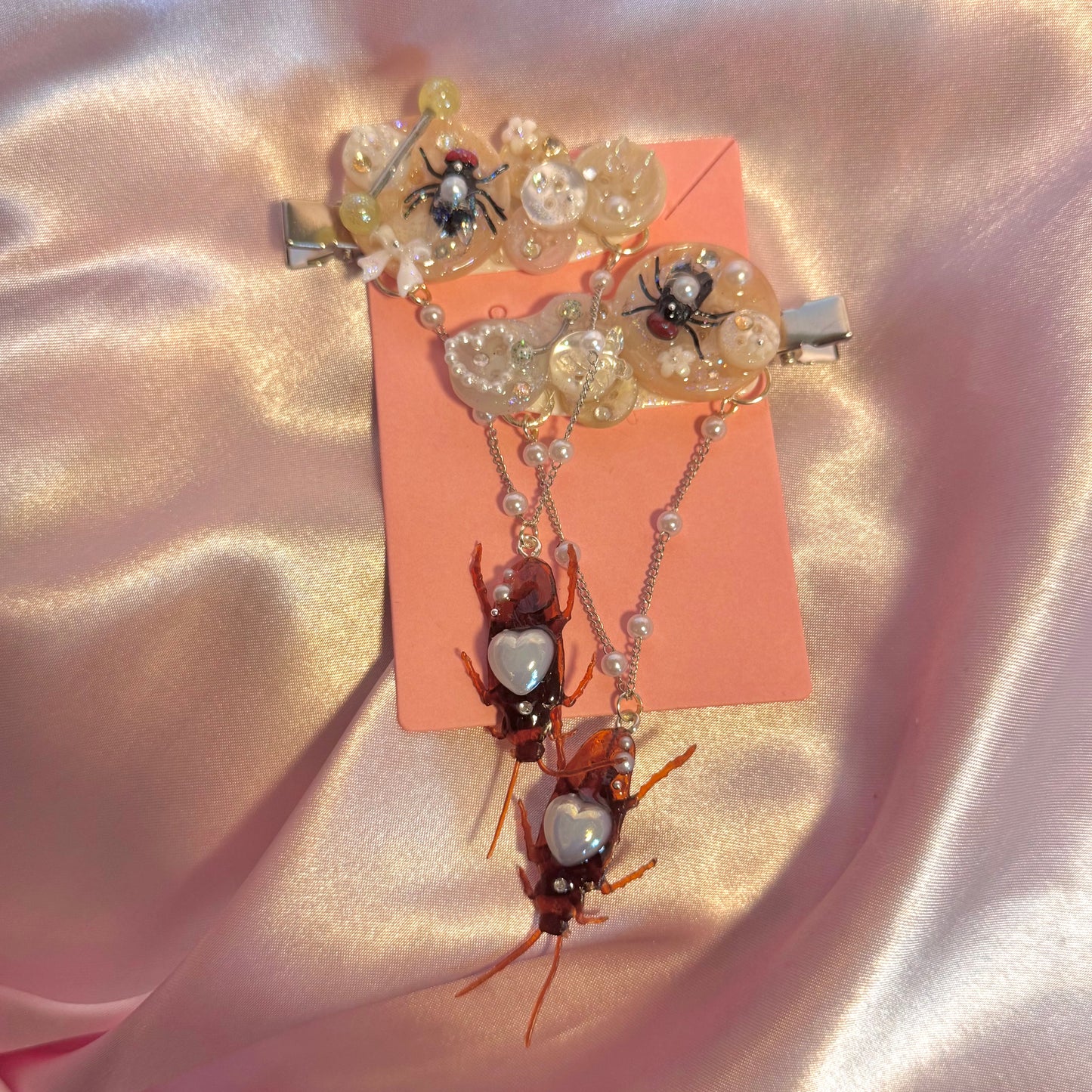 White n’ Grey Dangling Roach Button Baby Hair Clips