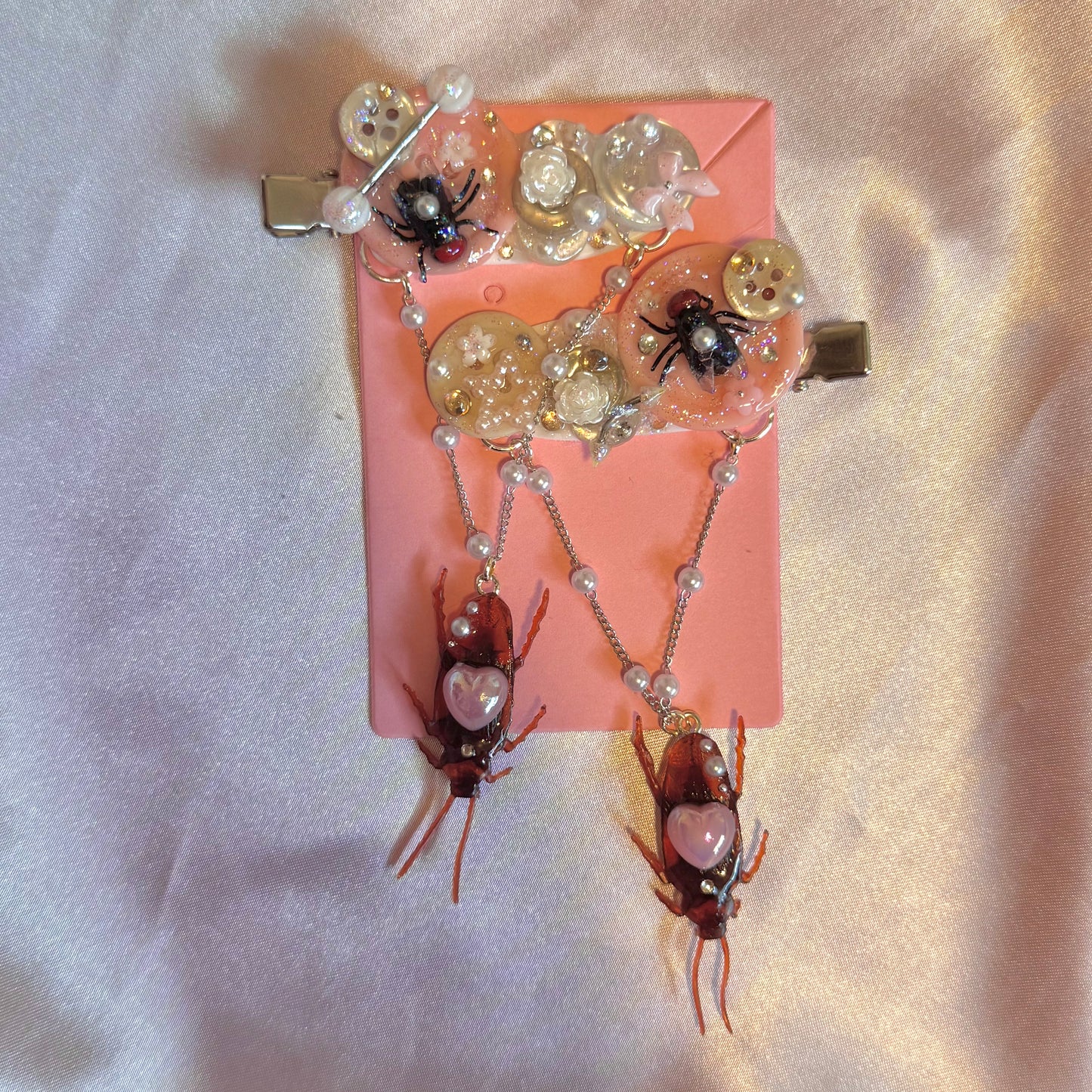 Pink n’ Grey Dangling Roach Button Baby Hair Clips